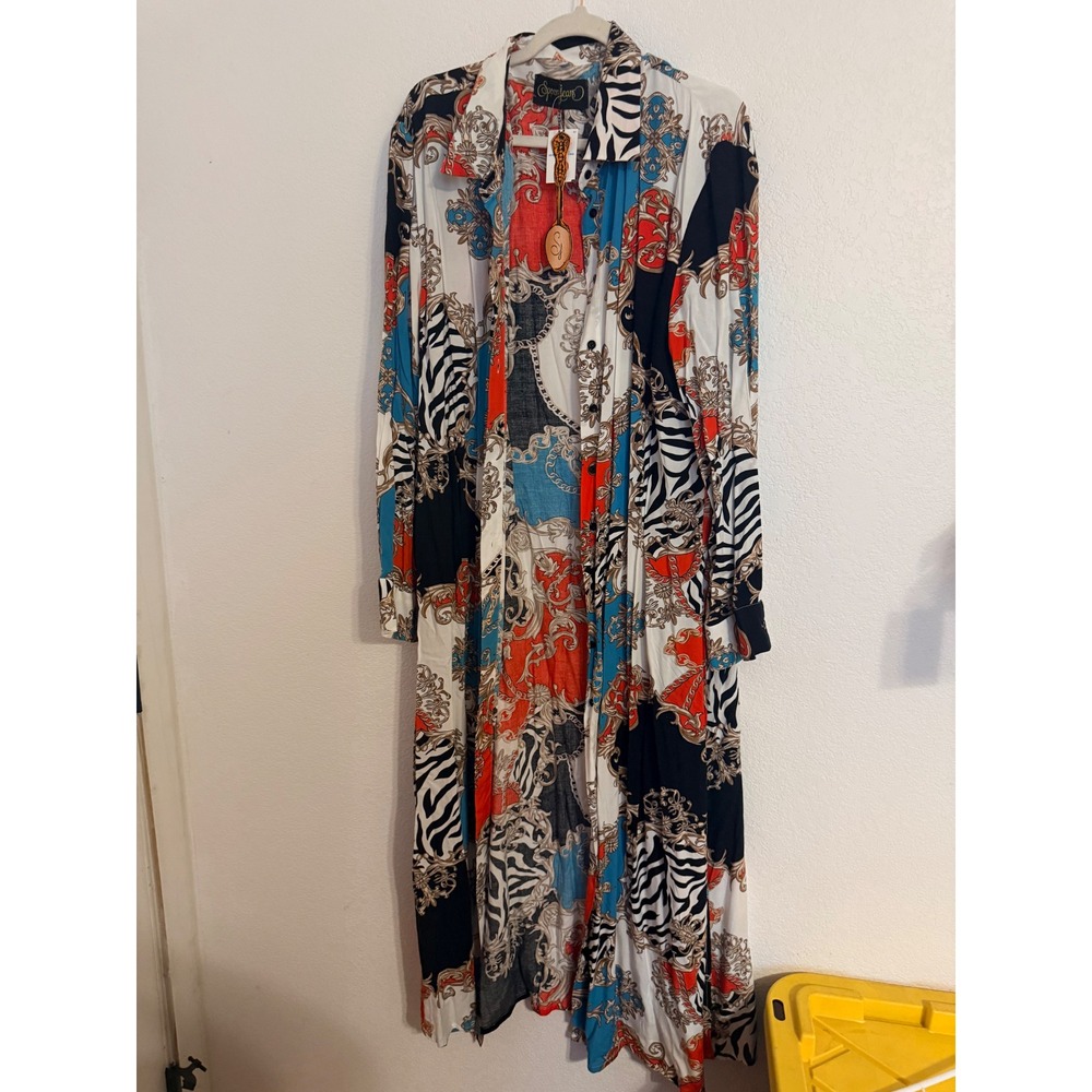 Spoon Jean Women 3X Teal Coral Baroque Zebra Chain Print Duster Shirt Dress NEW